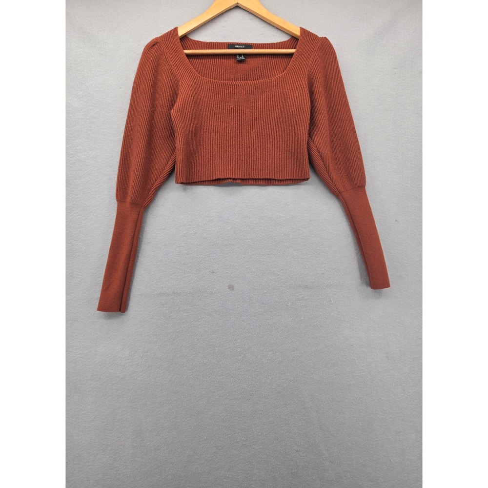 Forever 21 Rust Orange Ribbed Crop Sweater Square Neck Puff Sleeve Top Medium